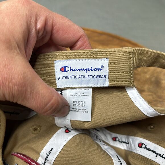 Champion Hat Tan Embroidered Baseball Cap Strapback Adjustable Spellout Neutral - Picture 10 of 11